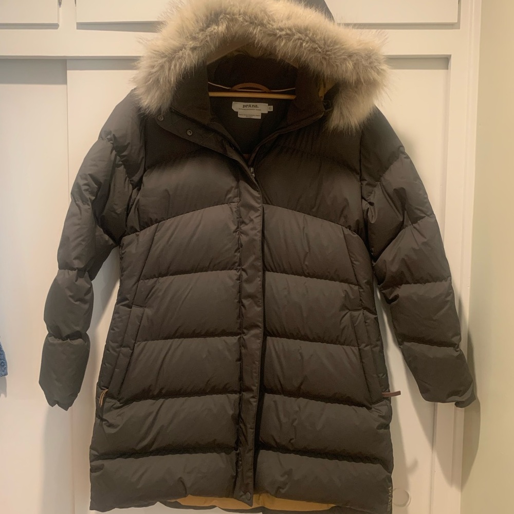 Prana Dark Brown Puffer Jacket with Fur Trim